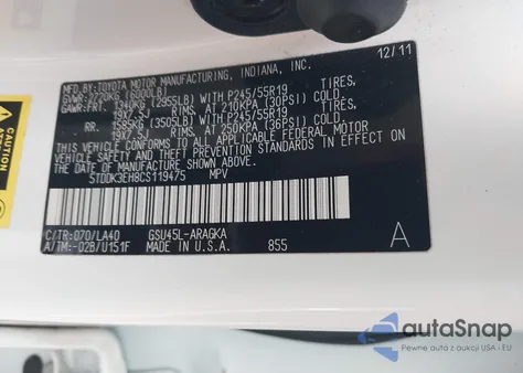 2012 Toyota Highlander Limited V6 z USA, uszkodzony, nr VIN 5TDDK3EH8CS119475